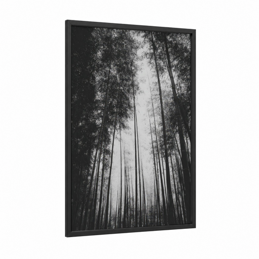 Misty Bamboo Grove framed bamboo jungle print — black wood frame — black and white palette
