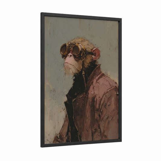 Steampunk Aviator framed monkey print — black wood frame — brown and sage green palette