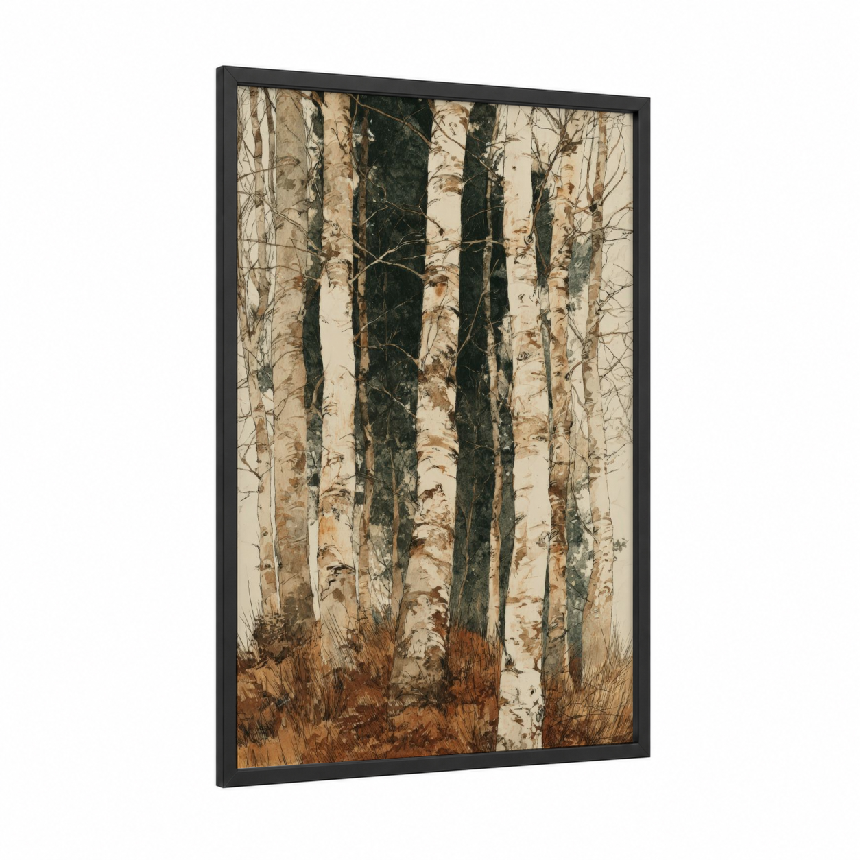 Autumn Birch Forest framed art print — black wood frame — beige and russet palette