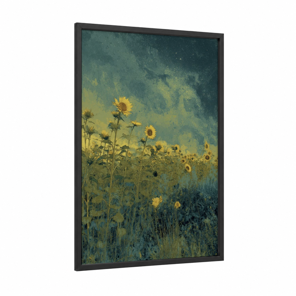 Starlit Sunflower Field framed art print — black wood frame — yellow gold and teal palette