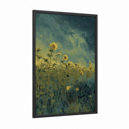 Starlit Sunflower Field framed art print — black wood frame — yellow gold and teal palette