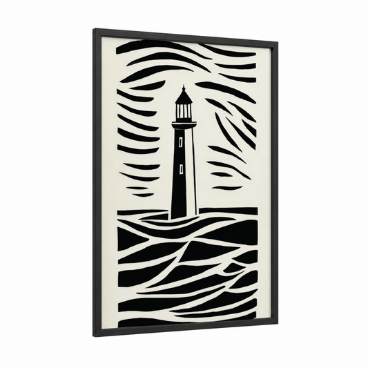 Coastal Lighthouse framed art print — black wood frame — black and white palette