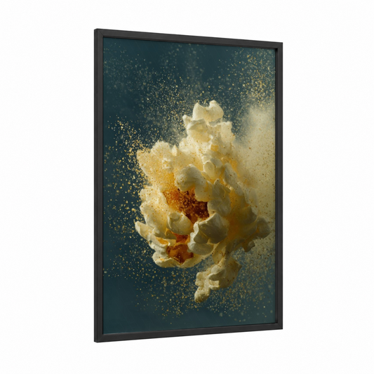 Golden Popcorn Burst framed art print — black wood frame — gold and white and dark blue palette