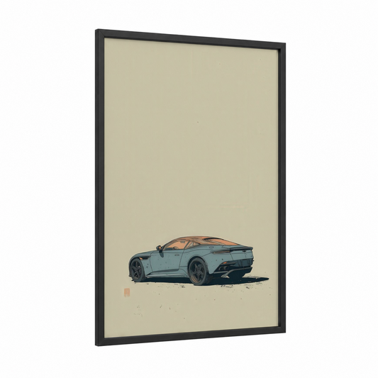 Coastal Sports Car framed art print — black wood frame — beige and blue palette