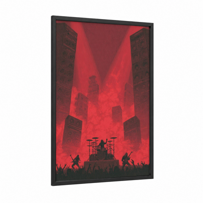 Crimson Stage Fury framed death metal print — black wood frame — red and black palette