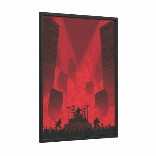 Crimson Stage Fury framed death metal print — black wood frame — red and black palette
