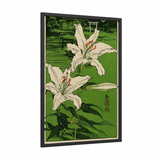 White Amaryllis Garden framed amarillys print — black wood frame — green and white palette