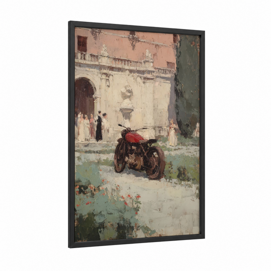 Vintage Motorcycle Courtyard framed art print — black wood frame — cream and russet palette