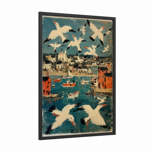 Coastal Harbor Seagulls framed art print — black wood frame — teal and cream palette