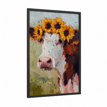 Sunflower Hereford framed hereford cow print — black wood frame — yellow gold and orange palette