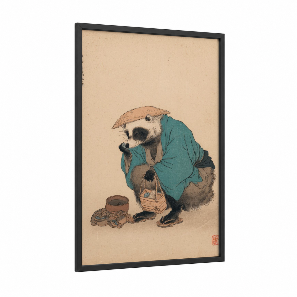 Merchant Panda framed art print — black wood frame — cream and teal palette