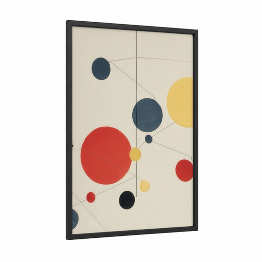 Geometric Solar System framed abstract minimalist print — black wood frame — red and blue palette