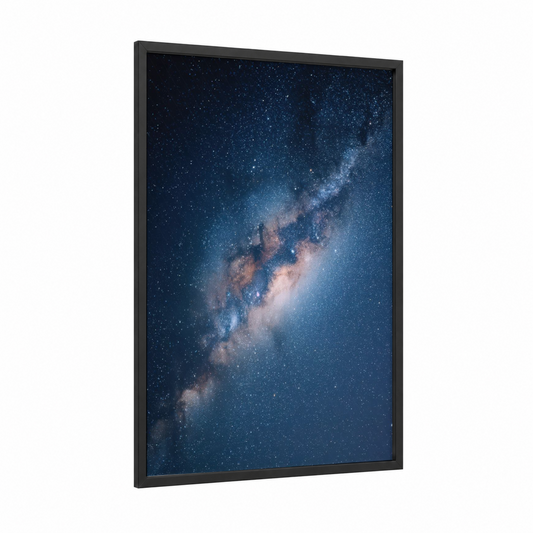 Milky Way Galaxy framed space print — black wood frame — blue and black palette