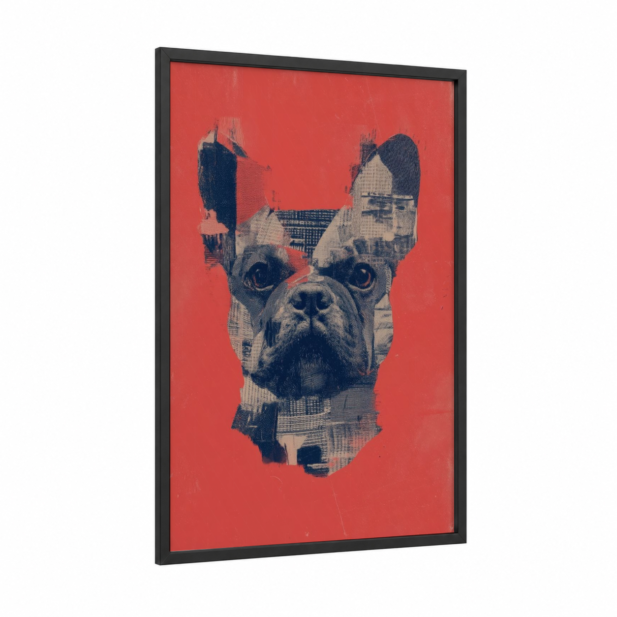 Coral Bulldog framed art print — black wood frame — red and black and white palette