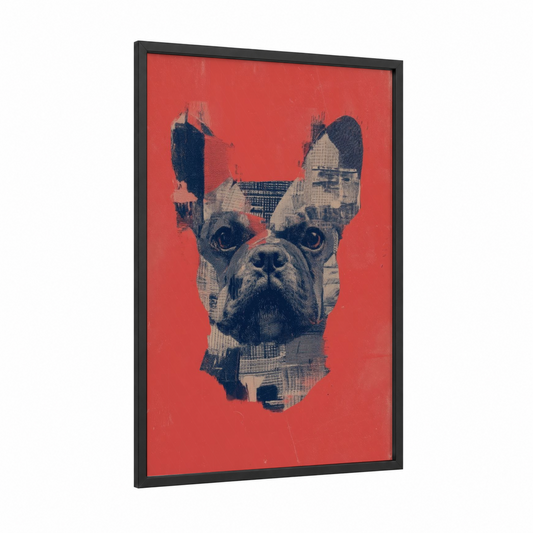 Coral Bulldog framed art print — black wood frame — red and black and white palette
