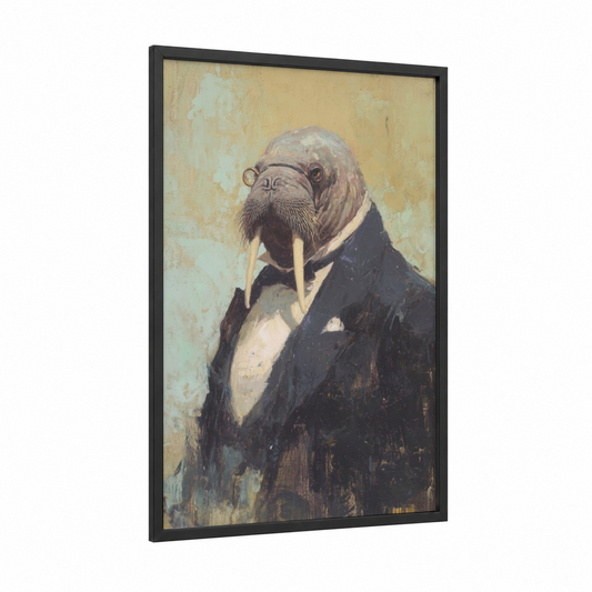 Dapper Walrus framed art print — black wood frame — cream and black and gold palette
