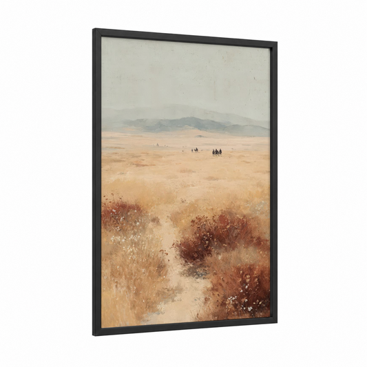 Desert Wanderers framed dune print — black wood frame — beige and gray palette