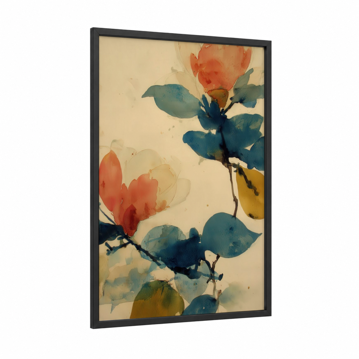 Coral Magnolia Blooms framed art print — black wood frame — peach and teal palette