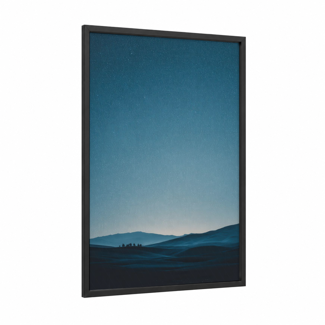 Starlit Dunes framed art print — black wood frame — teal and dark blue palette