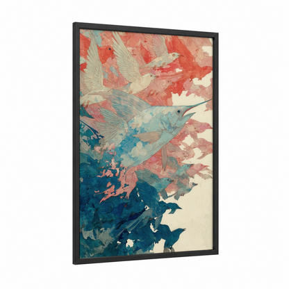 Azure Sailfish framed art print — black wood frame — blue and salmon pink palette