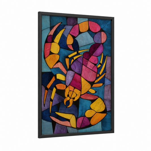 Geometric Scorpion framed scorpions print — black wood frame — magenta and gold palette