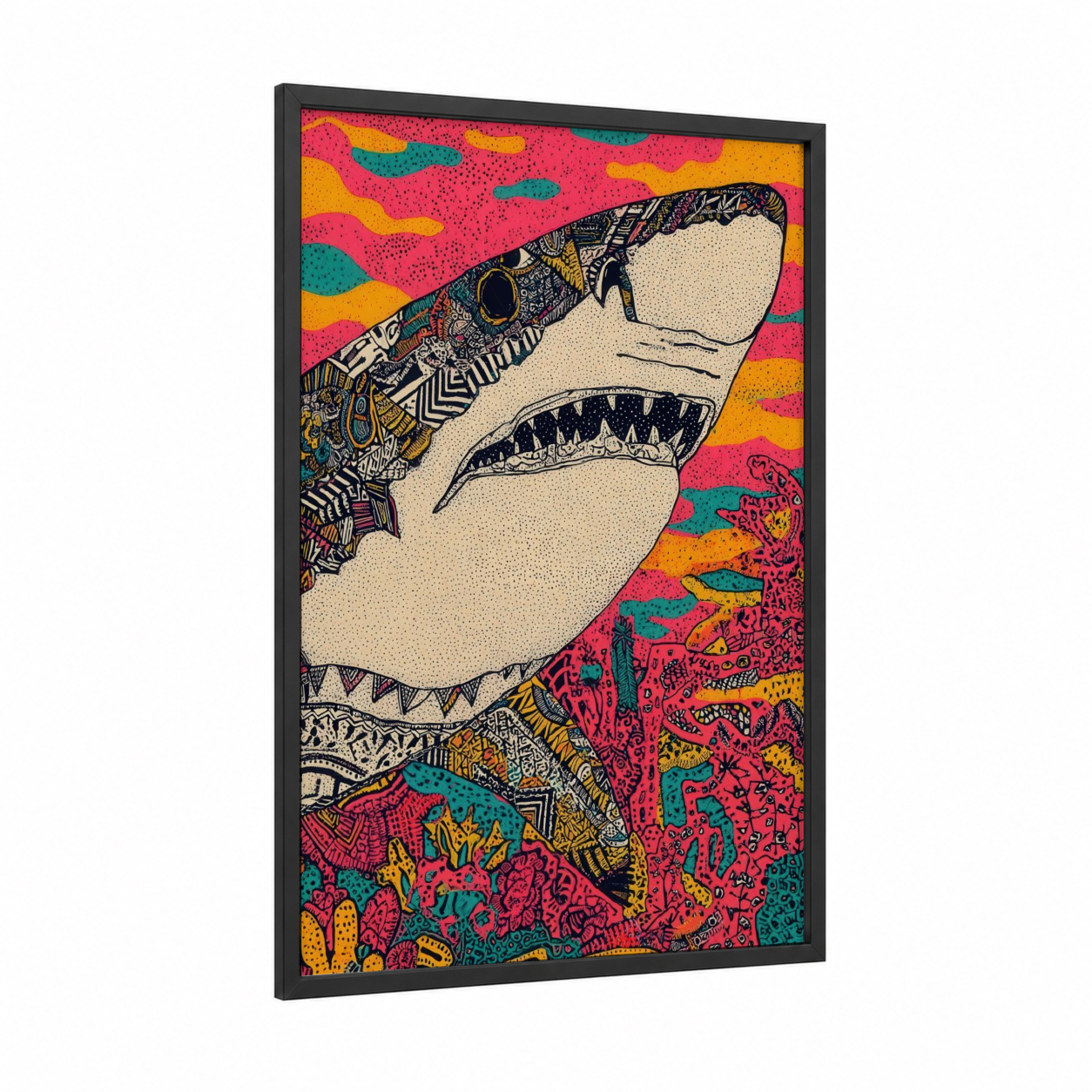 Tattooed Shark framed great white shark print — black wood frame — magenta and yellow gold palette