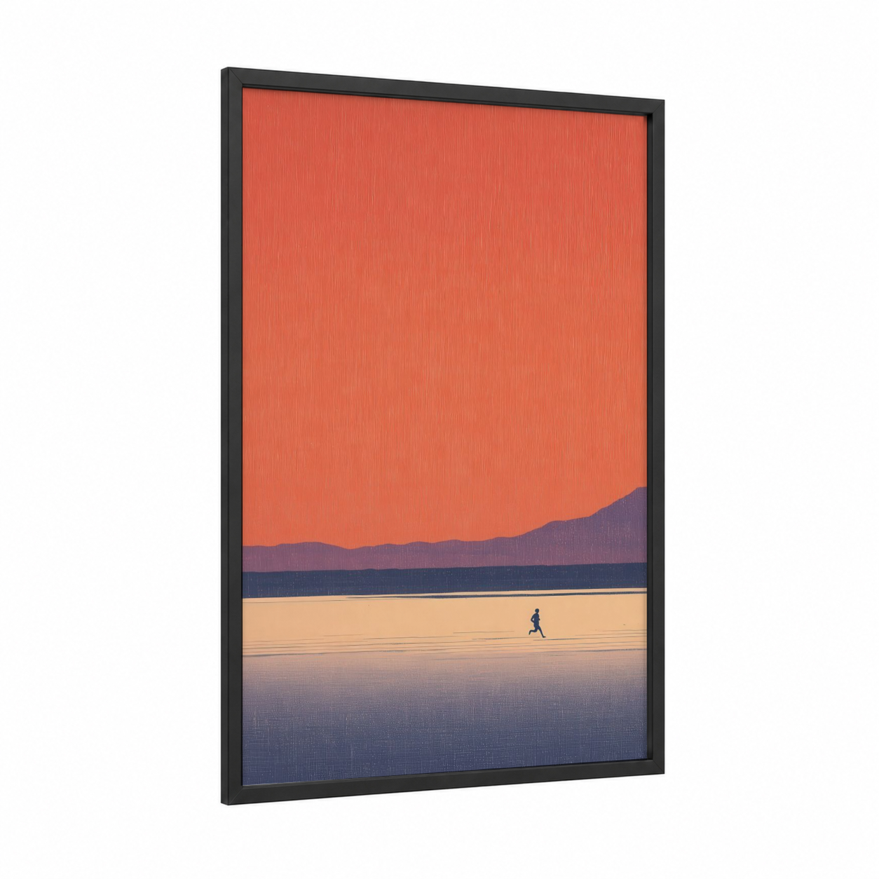 Coastal Runner framed running print — black wood frame — red and blue palette