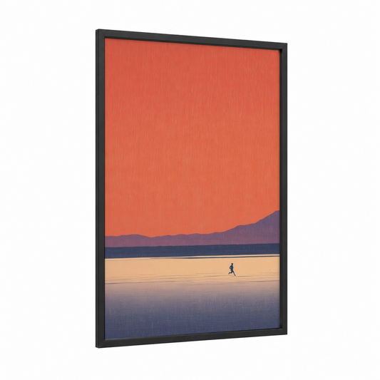 Coastal Runner framed running print — black wood frame — red and blue palette