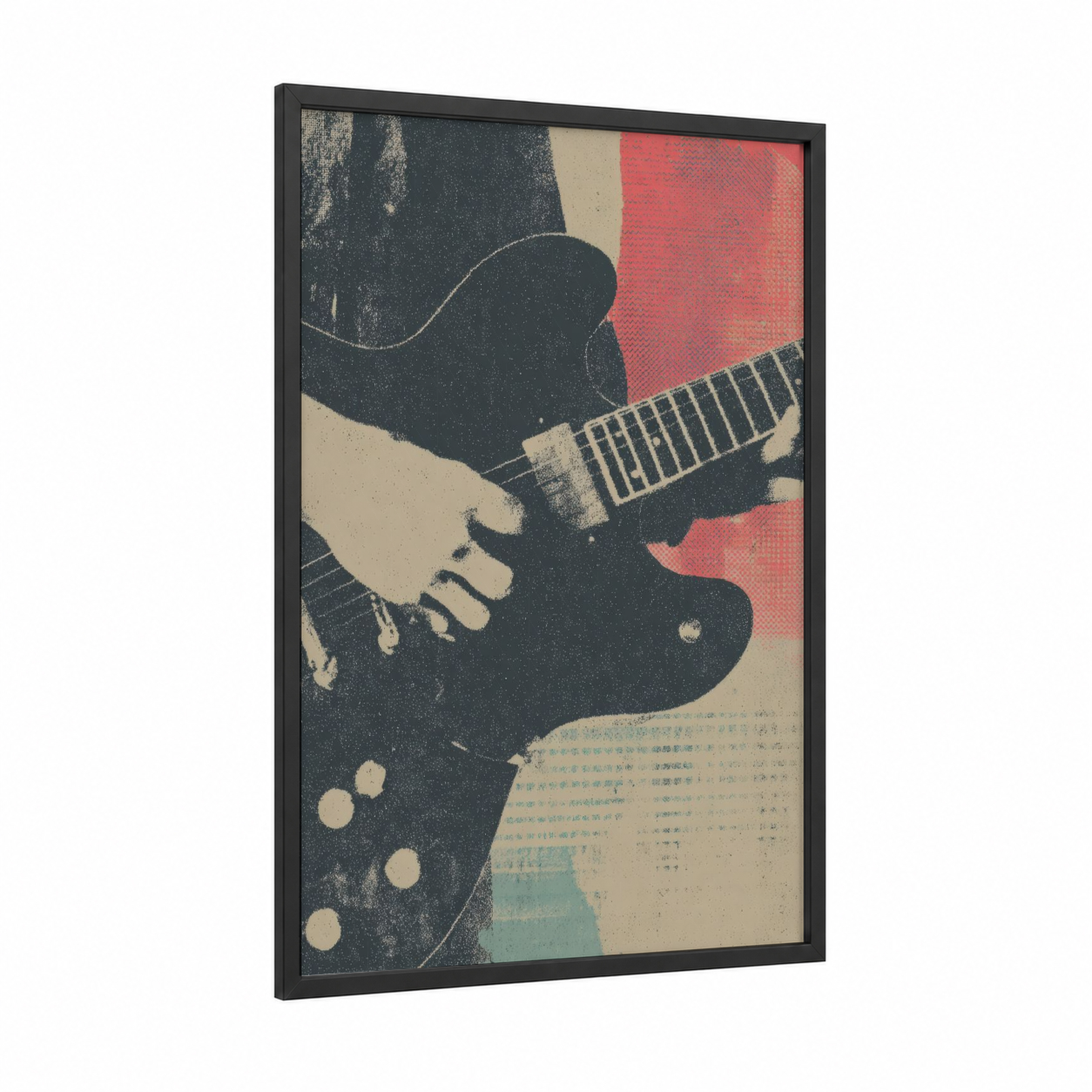 Vintage Rock Guitar framed rock'n roll print — black wood frame — black and red palette
