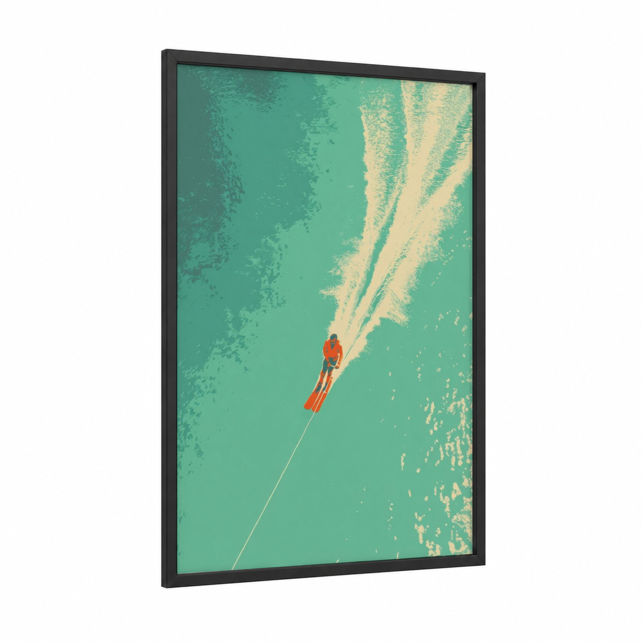 Aerial Water Skier framed water skiing print — black wood frame — teal and cream palette