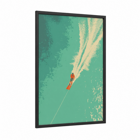 Aerial Water Skier framed water skiing print — black wood frame — teal and cream palette