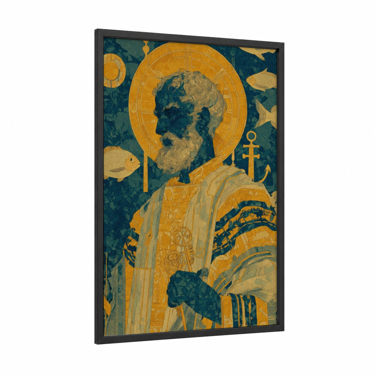 Golden Saint Peter framed st. peter print — black wood frame — gold and teal palette