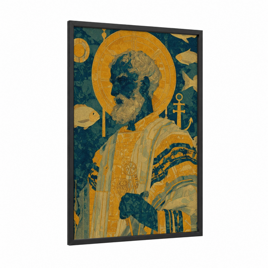 Golden Saint Peter framed st. peter print — black wood frame — gold and teal palette