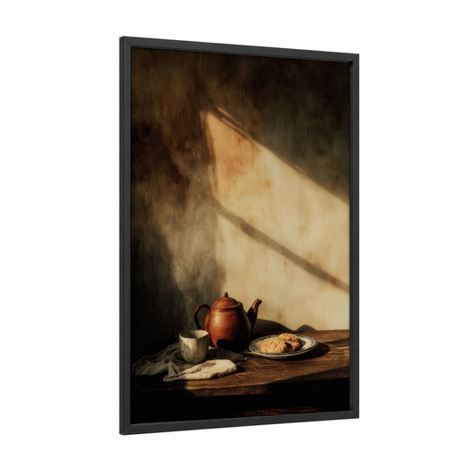 Afternoon Tea Light framed art print — black wood frame — gold and brown palette