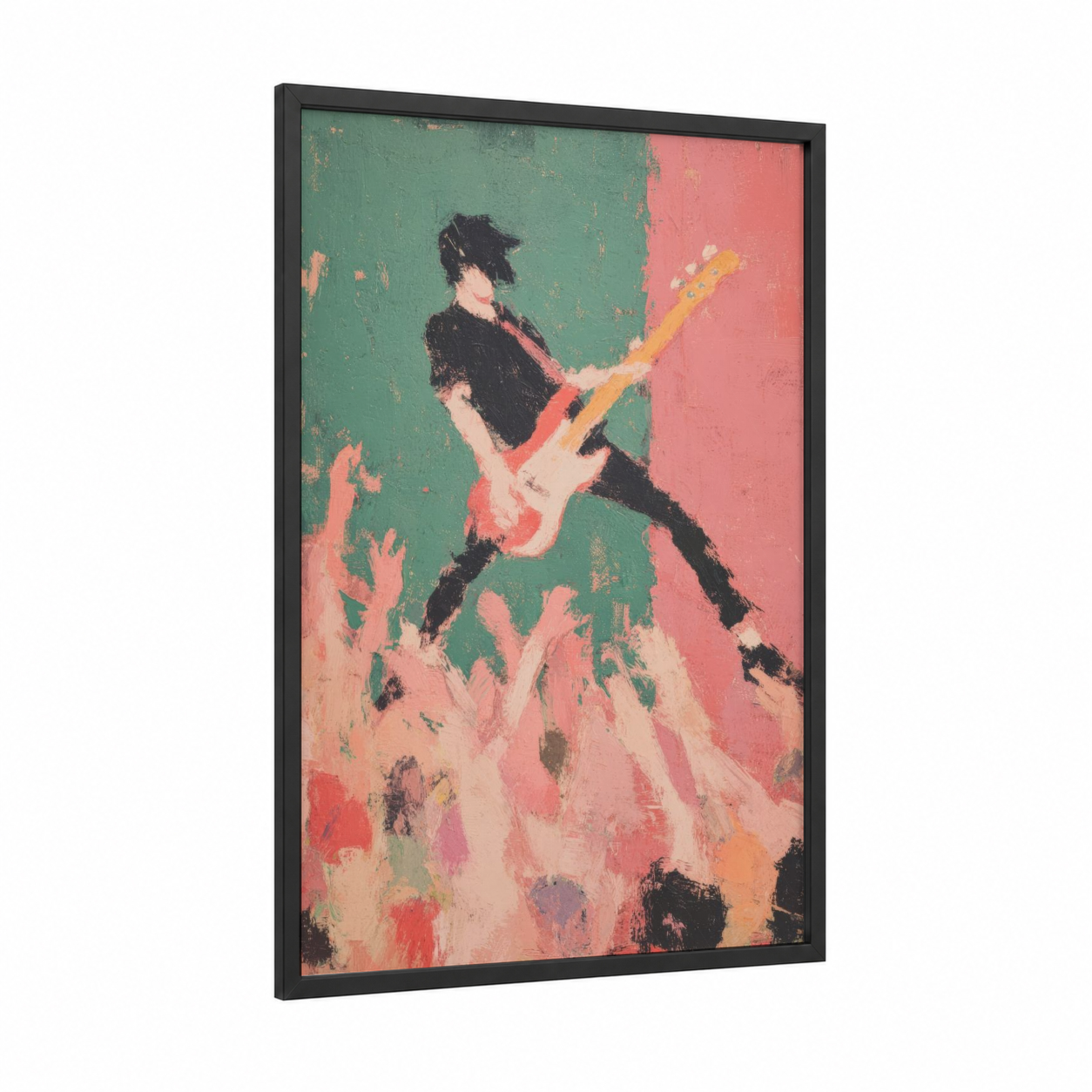 Energetic Bass Player framed bass guitar print — black wood frame — teal and pink palette