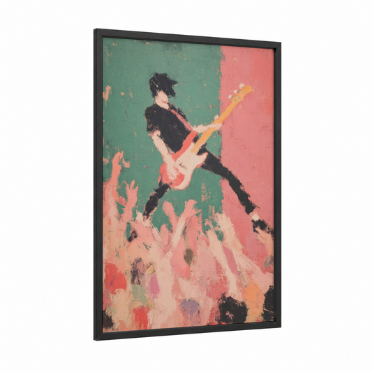 Energetic Bass Player framed bass guitar print — black wood frame — teal and pink palette