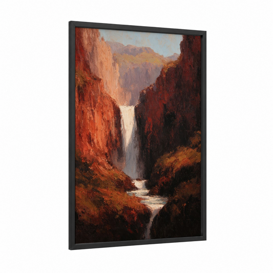 Crimson Canyon Waterfall framed art print — black wood frame — mustard palette