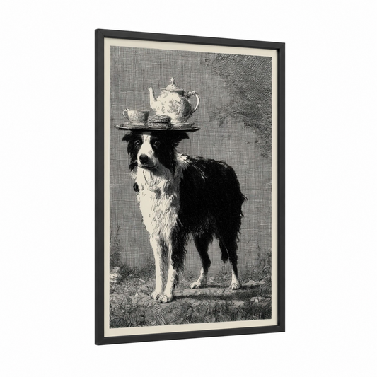 Tea Service Collie framed shepherd dogs and collies print — black wood frame — black and white palette