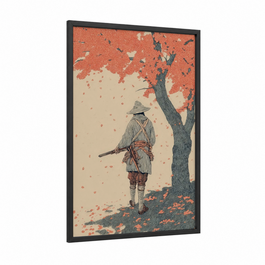 Autumn Hunter framed hunting print — black wood frame — red and cream palette