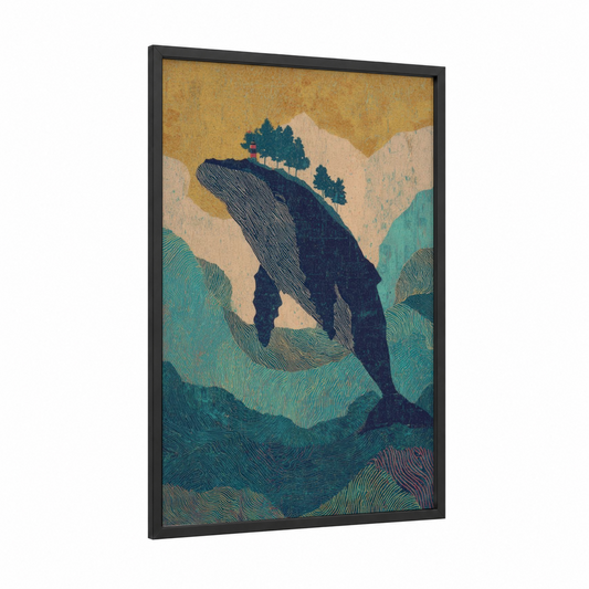 Breaching Humpback framed humpback whale print — black wood frame — gold and teal palette