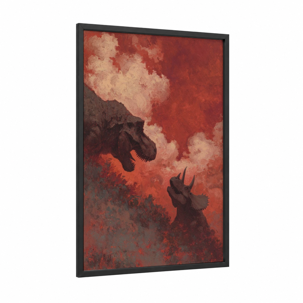 Crimson Dinosaur Duel framed art print — black wood frame — red and black palette