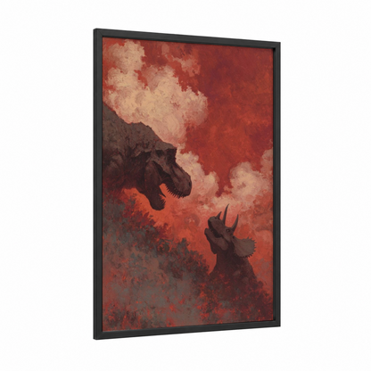 Crimson Dinosaur Duel framed art print — black wood frame — red and black palette