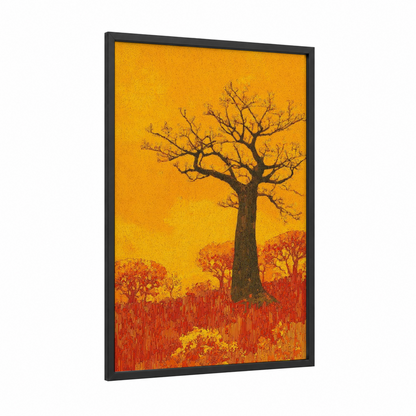 Golden Baobab framed baobab tree print — black wood frame — gold and orange palette
