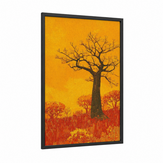 Golden Baobab framed baobab tree print — black wood frame — gold and orange palette
