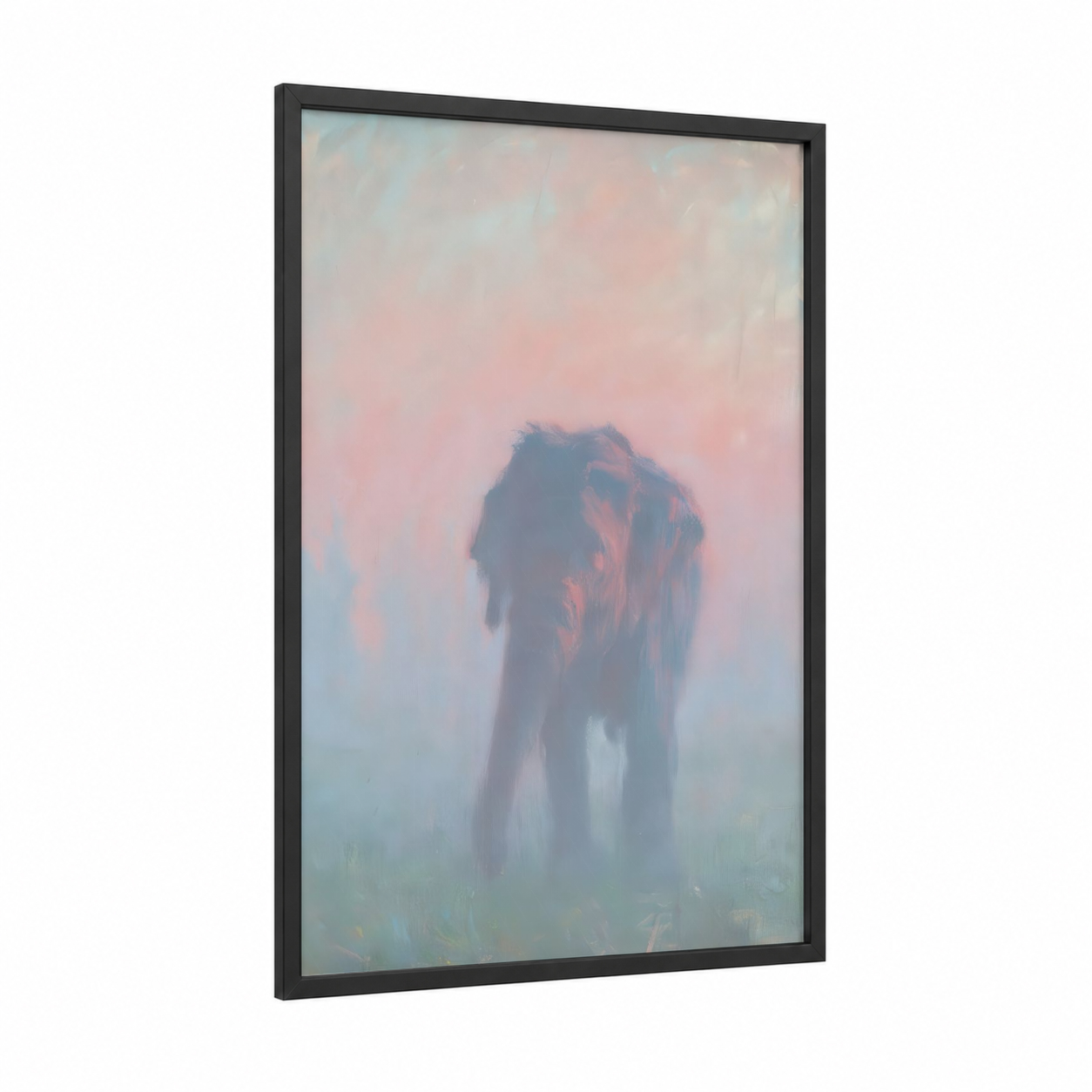 Misty Asian Elephant framed art print — black wood frame — blue and pink palette
