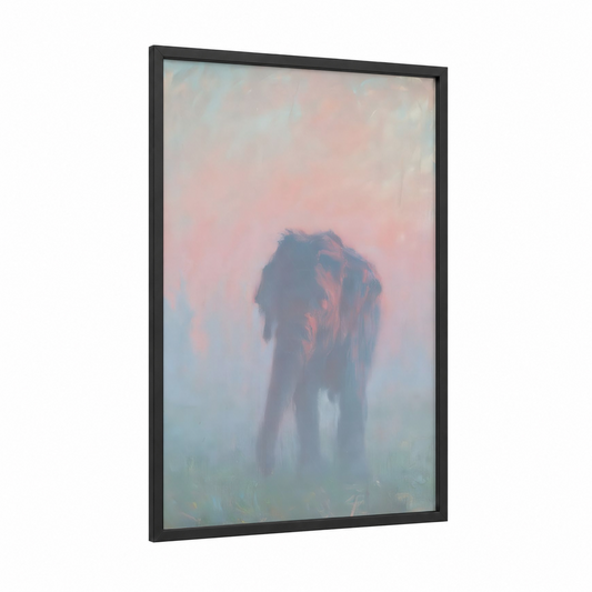 Misty Asian Elephant framed art print — black wood frame — blue and pink palette
