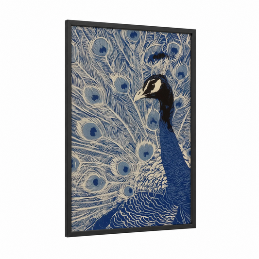 Royal Peacock framed art print — black wood frame — blue and white palette