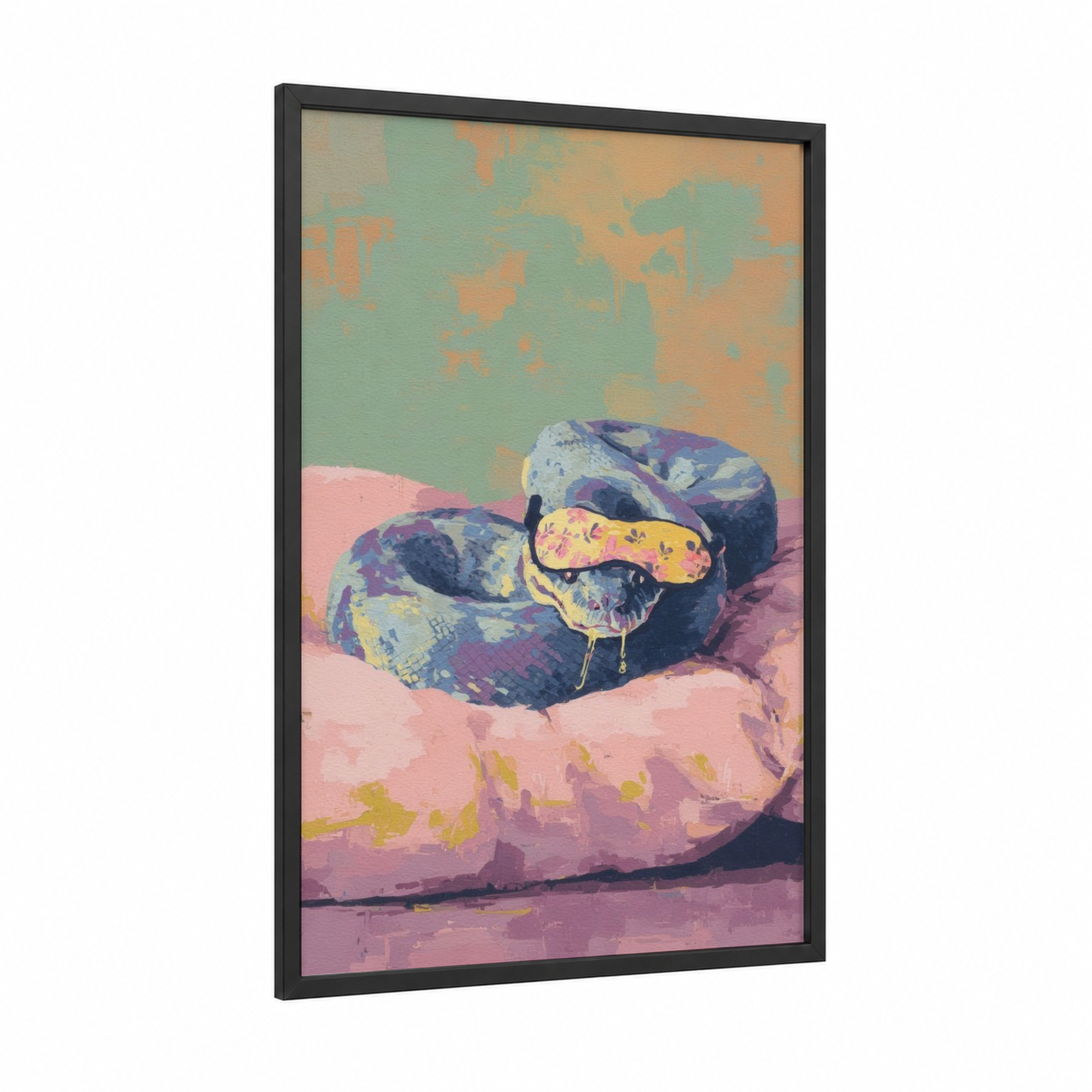 Coiled Python Dream framed boa constrictor print — black wood frame — pink and sage green palette