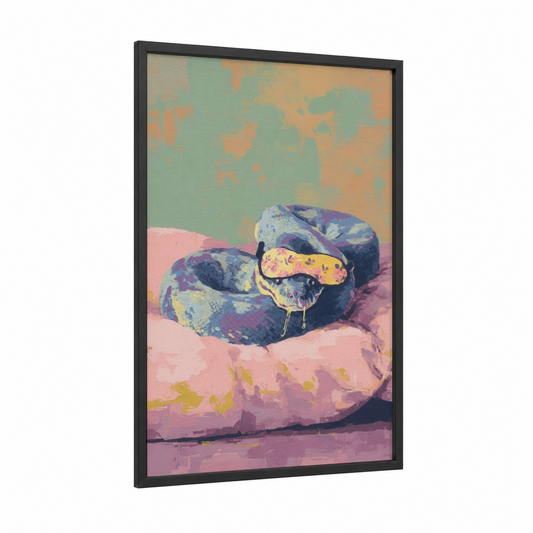 Coiled Python Dream framed boa constrictor print — black wood frame — pink and sage green palette