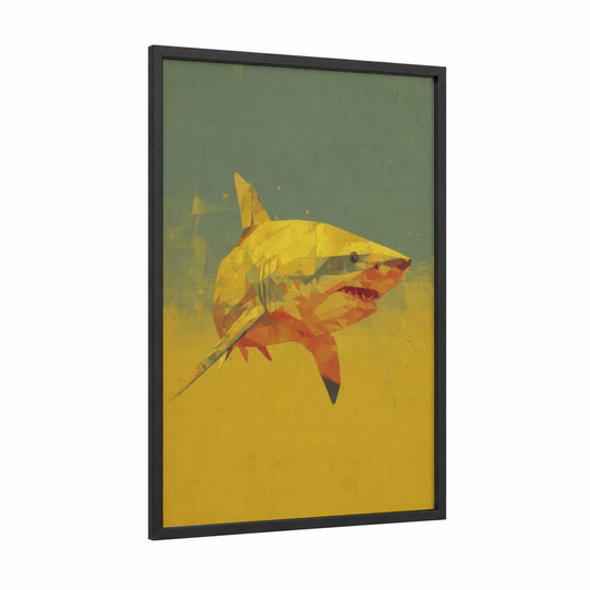 Golden Lemon Shark framed art print — black wood frame — yellow gold and sage green palette